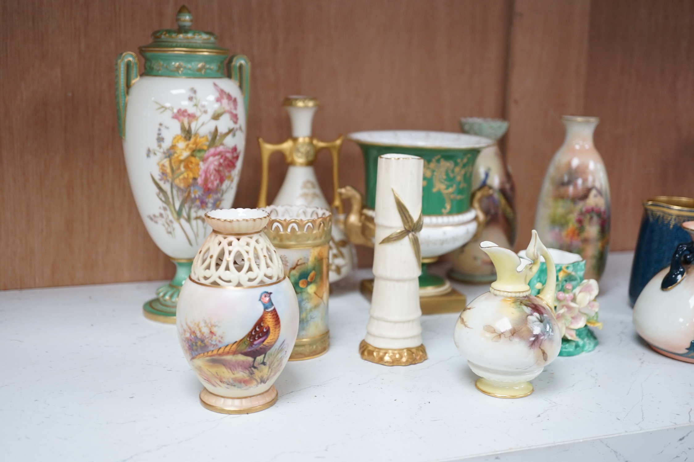 Twelve Worcester ornamental items, including Hadley's and Locke, tallest jar and cover 21cm high (12). Condition - fair, some small chips to floral encrusted vase